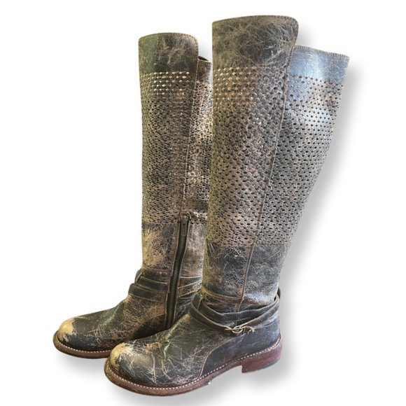 Bed Stu Eva Knee High Boots Riding Zip Tan Rustic Distressed Leather Womens  Sz